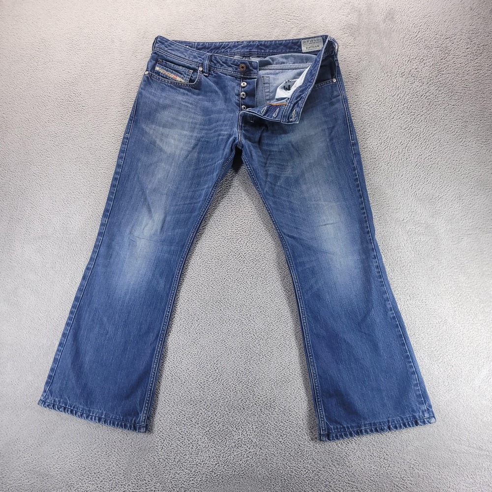 Diesel Jeans Mens 34x28 Blue Zathan Regular Bootcut Medium Wash Denim Distressed